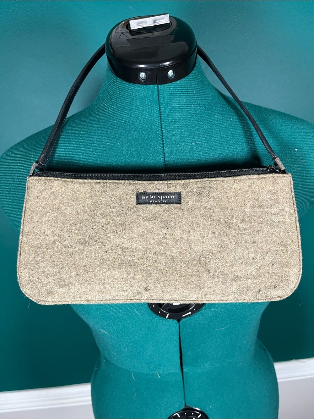 kate spade Beige Wool Shoulder Bag with Black Strap